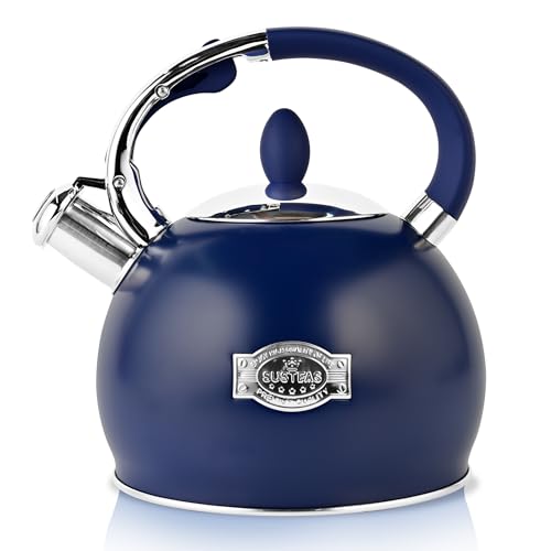 SUSTEAS Stove Top Whistling Tea Kettle - Food Grade Stainless Steel Teakettle Teapot with Cool Touch Ergonomic Handle, With 1 Silicone Pinch Mitt Included, 2.64 Quart,NAVY BLUE