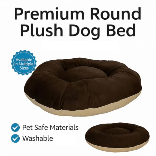 Image of The Pets Company Calming Dog & Cat Bed | Soft Fluffy Donut Reversible, Washable Pet Bed for Kittens Puppies | Cozy Plush Anti-Anxiety Cushion |, (L-22 Inch x B-22 Inch x H-4 Inch), Brown & Beige-XS