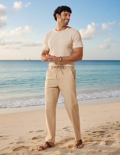 Image of COOFANDY Men's Cotton Linen Pants Casual Drawstring Dress Pants Beach Summer Lightweight Trousers