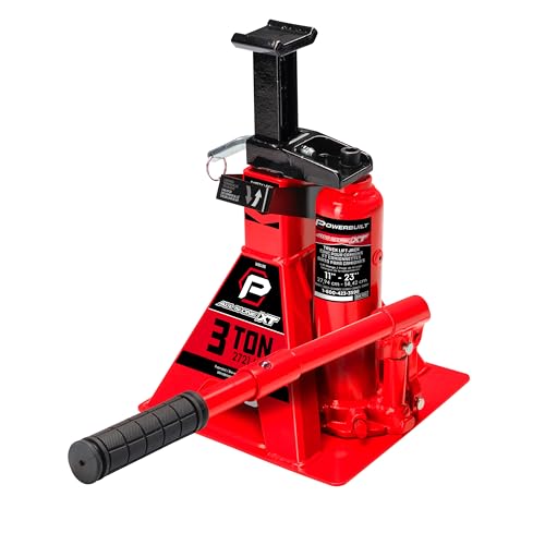 POWERBUILT 3 Ton All-in-One Hydraulic Bottle Jack and Jackstand in One Compact Wide Base 11-21 inch Range Eliminates Jackstands for Trucks SUVs RVs Trailers Not for Sedans (Orange) 640912OR