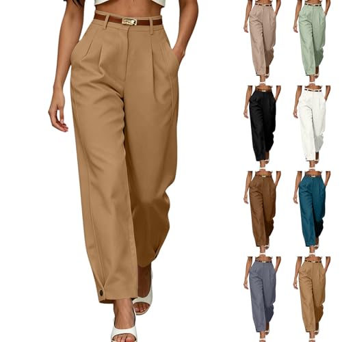 Image of Wide Straight Leg Trousers for Women UK, High Waisted Pleated Tailored Trousers with Pockets Ladies Smart Casual Work Pants Button Cuff Stretch Business Office Going Out Yoga Khaki