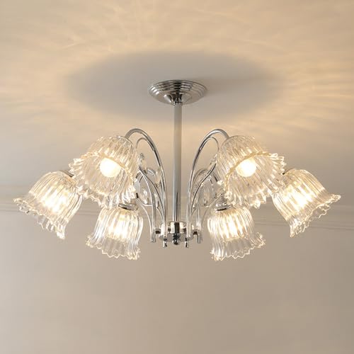 Plafonnier tulipe en verre chrome moderne luminaire floral cuisine 6 branches