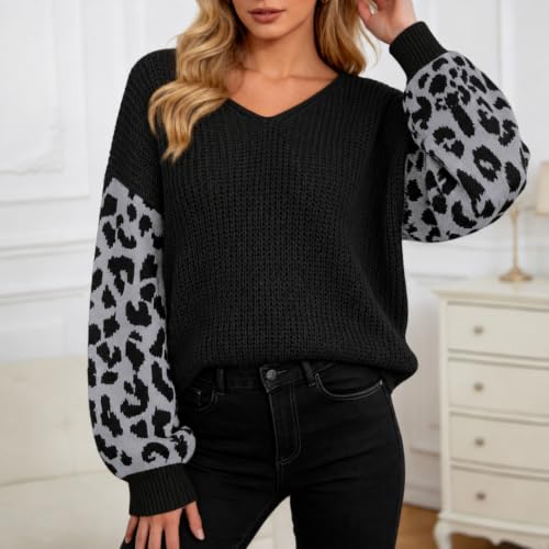 V Neck Sweaters for Women Leopard Long Sleeve Pullover Casual Fall Tops - image 2