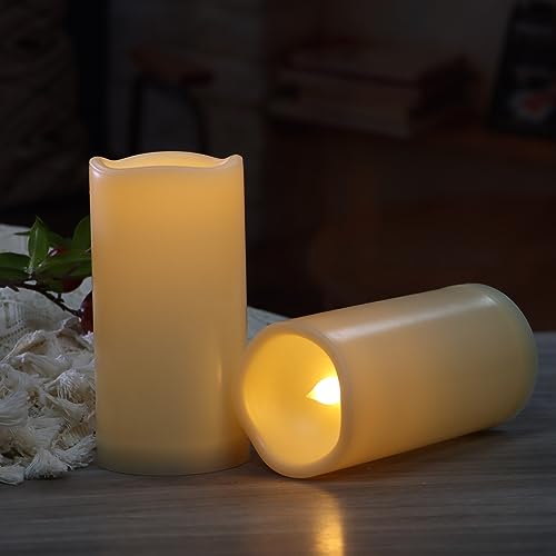 Image of 6'' Outdoor Battery Operated Flameless Candles 2 Pack Flicking Pillar LED Candles with Timer Waterproof Plastic Electric Decorative Lights for Lantern Patio Garden Home Decor Party Wedding