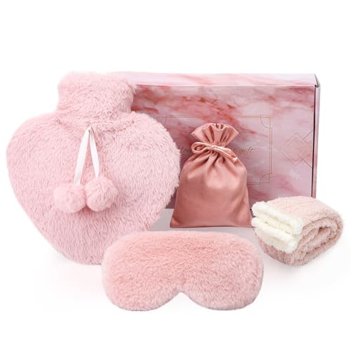 Kaisibum Wärmflasche mit Bezug Flauschig Socken Damen und Schlafmaske 1L Wärmeflasche Handwärmer für Erwachsene&Kinder Geburtstag Geschenk für...