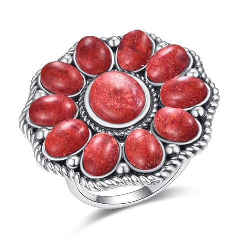 Turquoise Ring for Women 925 Sterling Silver Vintage Boho Flower Ring Bohemian Statement Rings Turquoise/Coral/Oyster Shell Western Style Engagement Wedding Band Size 6-9