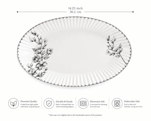 Image of Melvio By Malti Oval Rice Tray for Dining & Serving | Premium Melamine Serving Platter with Elegant Floral Design | Dishwasher Safe Rice Plate for Biryani, Pulao | White, 14.25 Inch