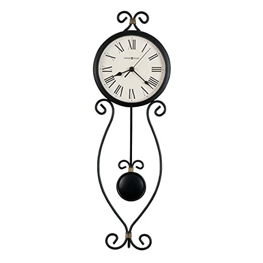 Howard Miller Ivana Wall Clock 625-495 – Wrought-Iron, Antique Black Finish with Gold Highlights, Black Pendulum Bob, Antique Black Bezel, Quartz Movement