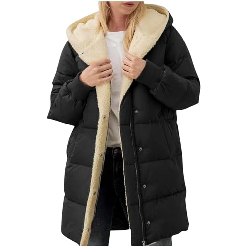 OVARA Abrigo largo acolchado con forro polar para mujer, abrigo grueso acolchado con capucha, talla grande, chaqueta térmica acolchada para mujer, abrigo cómodo y cálido para mujer, 2-Negro, M