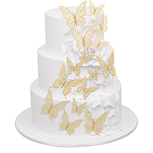 Pacote de 36 ornamentos de borboleta 3D com purpurina dourada, decoração de bolo de borboleta oca para aniversário, casamento, borboleta, decalque de parede para decoração de parede de fundo