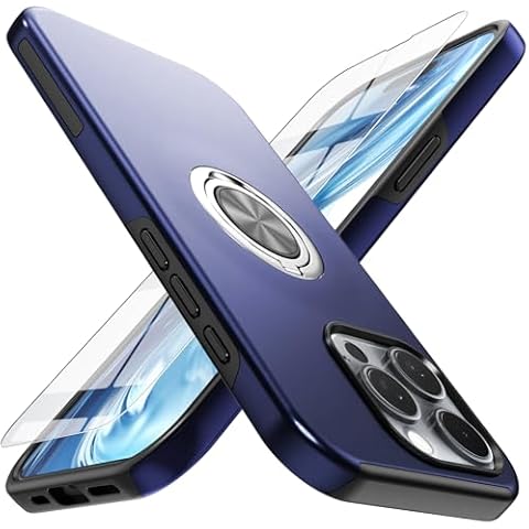 Yamink for iPhone 16 Pro Case with Screen Protector(Tempered Glass),Hybrid 2 in 1 Protective Slim Fit Sturdy Phone Case with Invisible Magnetic Ring Kickstand for iPhone 16 Pro 6.3 Inch,Blue Cover
