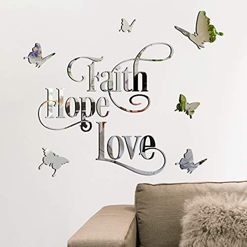 3D Acrylic Mirror Wall Stickers, ZONITOK 3D Butterfly Mirror Surface Faith Hope Love Motivational Letter Removable Wall Decals, Crystal DIY Wall Decor for Home Living Room Bedroom