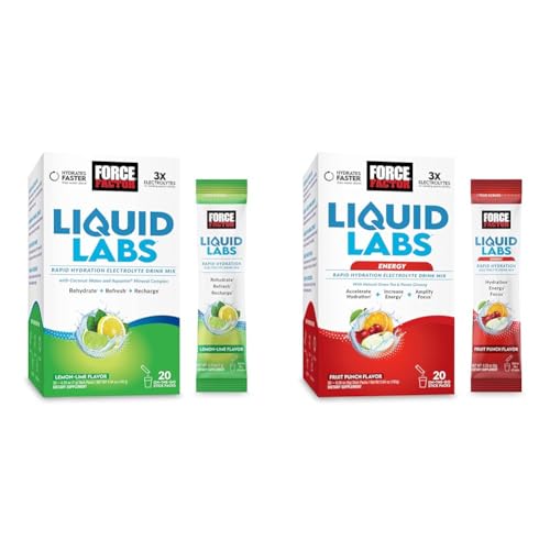 Bundle of FORCE FACTOR Liquid Labs Electrolytes Powder, Hydration Packets to Make Electrolyte Water with 5 Vitamins, Minerals, and Antioxidants, Lemon-Lime + Energy Fruit Punch Flavor, 40 Stick Packs