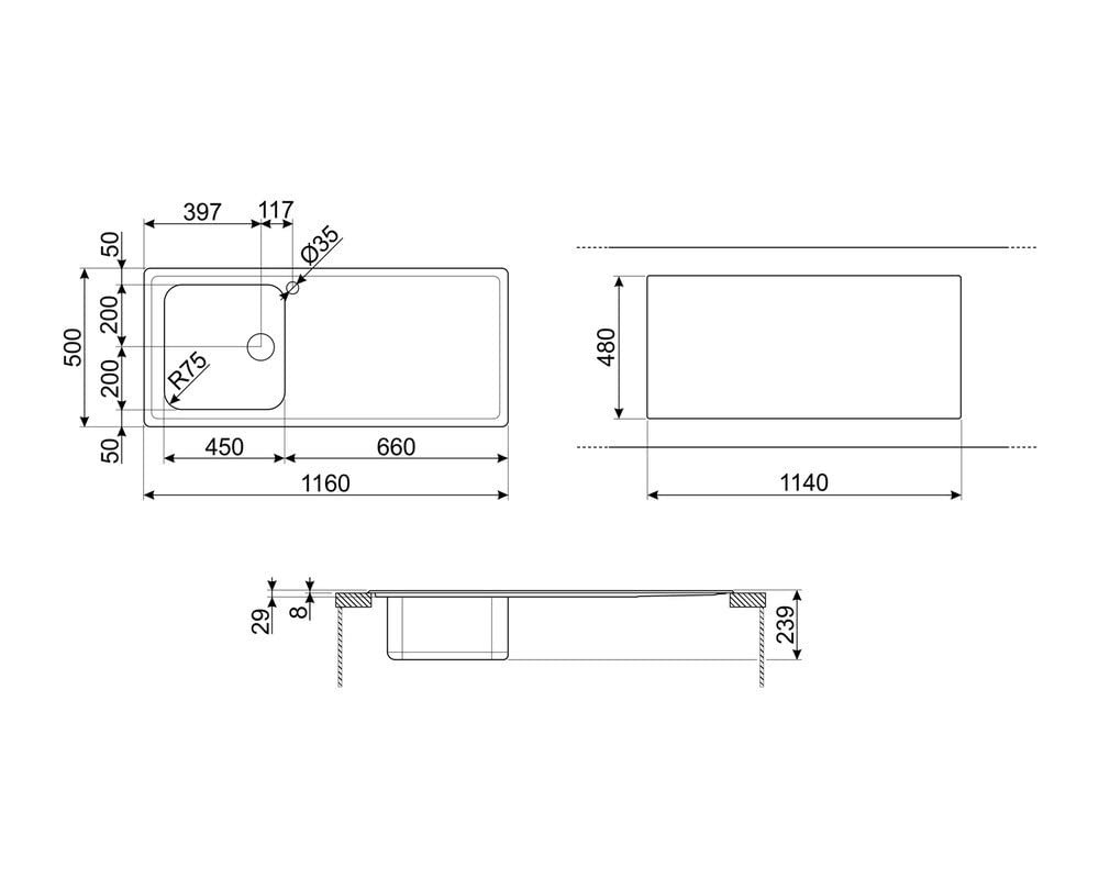 SMEG SGE116.1D Serie Alba Lavello da incasso in Acciaio Inox Satinato con 1 Vasca Dimensioni 116 x 50 cm
