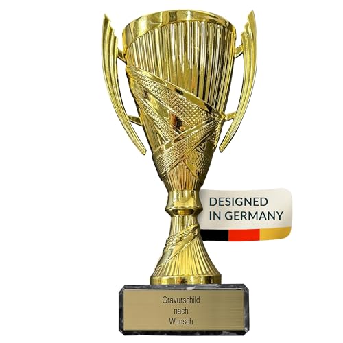 Pokal-Fabrik Pokal mit Gravur Wunschtext Gold Trophäe mit Henkeln Personalisierte Auszeichnung für Fußball WM & Sport Events 15 5 cm inkl. Marmorsockel