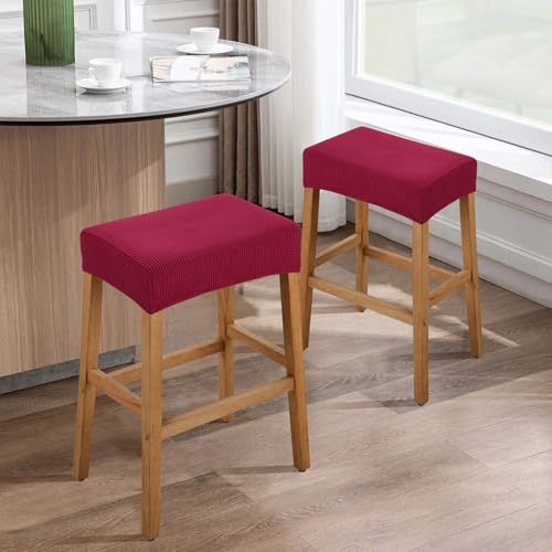 Image of YISUN Stool Covers Rectangle - 2 Pack Stretch Waterproof Saddle Seat Cover Counter Bar Stools Bar Chairs Covers Kitchen Island Chairs Cushion Protector (2, Wine Red)