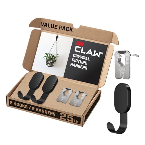 3M CLAW 25 lb. 2 Drywall Black Hooks & 2 Extra Picture Hangers Heavyweight Hanging Solution for Backpacks Jackets Pictures and Room Decor Cute Wall Hooks - 4 Pack