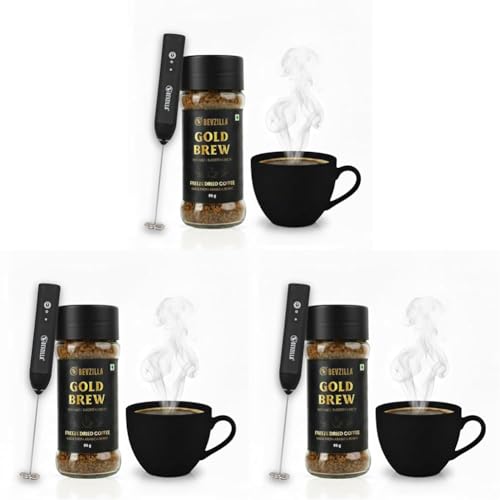 Image of Bevzilla Gold Brew Instant Freeze-Dried Coffee Powder 95g Jar with Rechargeable Frother | Best for Espresso, Cappuccino & Iced Coffee (Pack of 3)