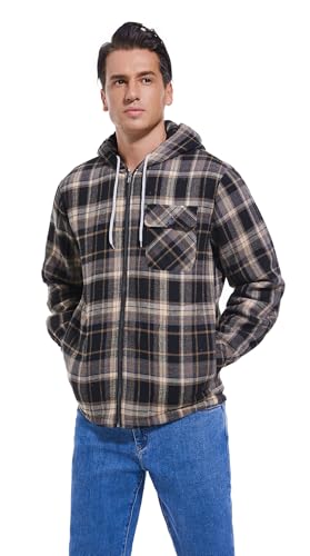 Elesuit Men's Full Zip Fleece Flannel Jackets Shirt Plaid Cotton Hoodies Soft Warm Coat for Men with Hood