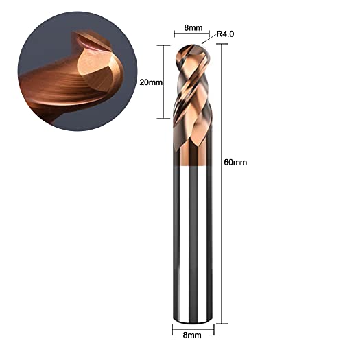 ASNOMY 1 Stück VHM Radiusfräser Kugelkopffräser - Ø8 mm, AlTiN Beschichtung HRC 55, Hartmetall-Kugelkopffräser, 2 Zähne CNC-Gravierfräser für Metall