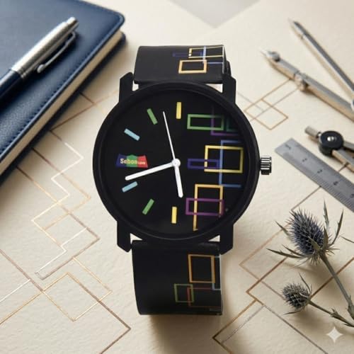 Image of Multicolor Designer Geomatric Theme Silicone Strap and Dial Wrist Watch - Geo-107