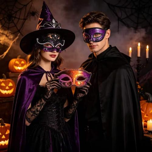 MZinge Men Women Shiny Rhinestone Metal Venetian Masquerade Mask Couple Set for Halloween Party Mardi Gras (Black purple) by MZinge - Used condition - Image 3
