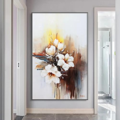 Tableau moderne fleurs blanches de HYFBH grande impression sur toile avec cadre chic