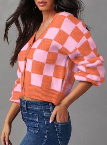 Image of Dokotoo Womens Cardigans Soft Long Sleeve Cable Knit Plaid Cropped Sweaters