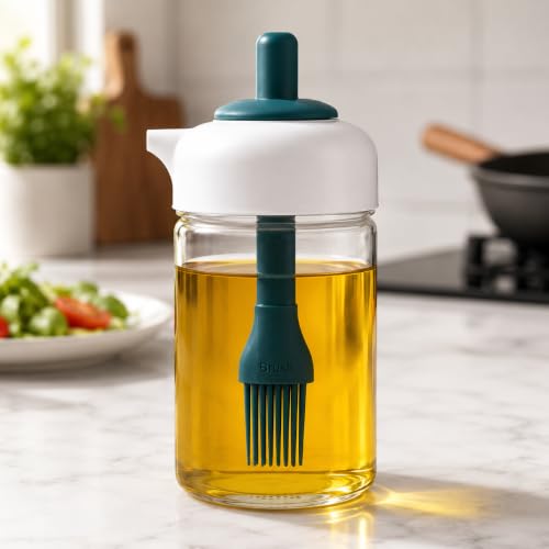 Image of Glass Oil Dispenser Bottle with Silicone Brush 2 in 1 Silicone Dropper Measuring Oil Dispenser Bottle for Kitchen Cooking Baking BBQ (Pack of 2, 250 ml)
