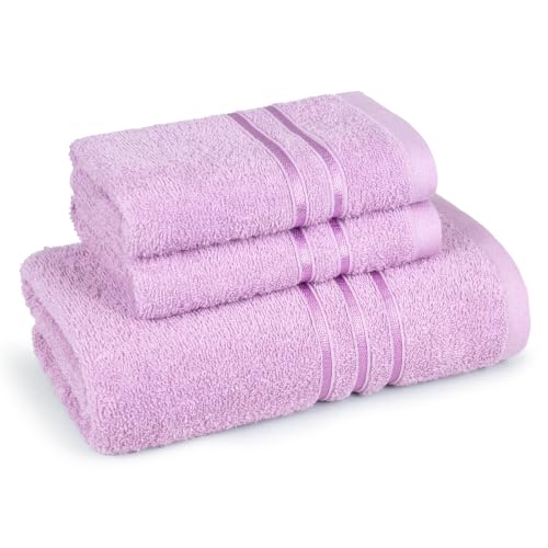 Image of MYTRIDENT Towel Set| Comfort Living | Quick Drying | Travel Friendly | for Men /Women | 3 PC Towel Set | 1 Bath (70 cm x 140 cm) 2 Hand (40 cm x 60 cm) | 100% Cotton 400 GSM - Violet Sky