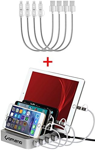 Charging Station with 4 FREE smart Multi-CORDS for Apple and Android FAST [34W] 4 port docking Stand Organizer for iPhone, mini iPad, Samsung Galaxy, and Other Charged Devices (SILVER)