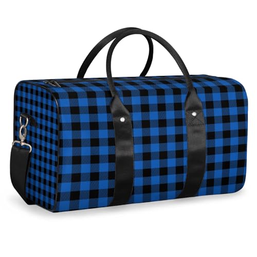 Blue Buffalo Plaid Travel Duffle Bag, Weekender Bags for Women Men, Carry on Overnight Bag Waterproof Gym Bags, Hospital Bag for Labor and Delivery