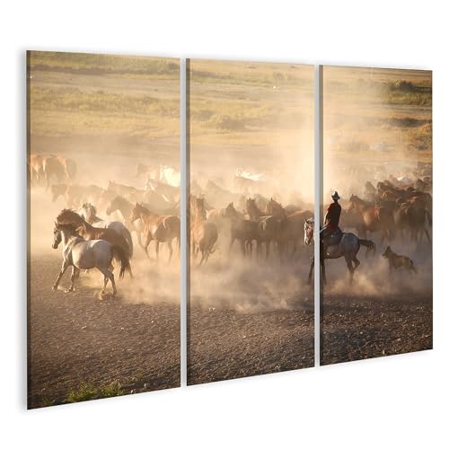 Troupeau de chevaux tableau triptyque majestueux pour salon d'aventurier
