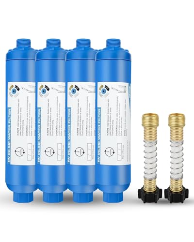Image of RV Inline Water Filter with 2 Flexible Hose Protector, Reduces Chlorine, Bad Taste, Corrosion, Rust, Sediments and Turbidity, Ideal for RVs, Garden, Gardening, Car Washing, Planting, 4 Pack