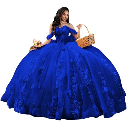 KPDFIF Beaded Applique Royal Blue Quinceanera Dresses Off the Shoulder Ball Gown with Bow Glitter Lace Applique Princess Dresses with Train Size 06