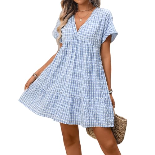 LCDIUDIU Robe Vichy pour Femme, Col V, Manches Courtes Retroussées, Coupe Trapèze Fluide, Mini Robe D'Été Décontractée, Style Babydoll, Idéale pour La...