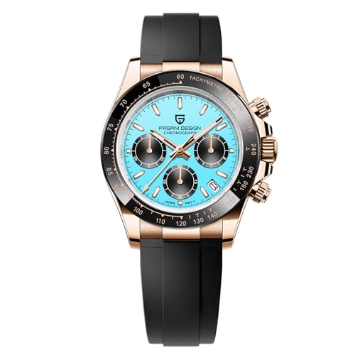 Pagani Design - Reloj de pulsera para hombre, cristal de zafiro, cronógrafo, acero inoxidable, resistente al agua, luminoso, movimiento japonés, reloj de cuarzo para hombre, Azul dorado., Correa Pagani Design - Reloj de pulsera para hombre, cristal de zafiro, cronógrafo, acero inoxidable, resistente al agua, luminoso, movimiento japonés, reloj de cuarzo para hombre, Azul dorado., Correa