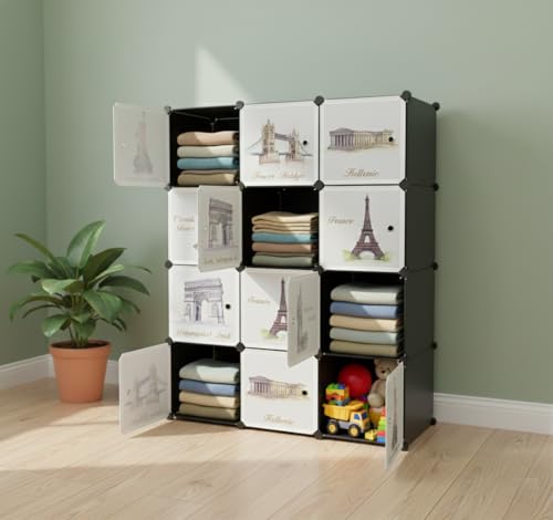 Image of KRISHYAM Kids Modular Storage Cabinet with Travel Landmark Design Doors, 12 Cube Plastic Wardrobe Organizer, DIY Closet System with Hanging Rod, Toy & Clothes Storage (Tower Print, 12 Box)