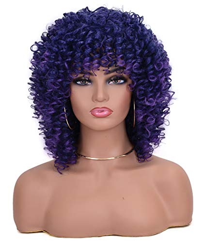Lizzy Short Afro Curly Wigs for Black Women Full Synthetic Natural Blue with Purple Afro Kinkys Curly Wig with Bangs Shoulder Length Heat Resistant Wigs for Daily Use