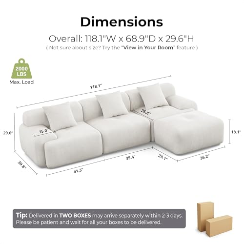 Image of LIKIMIO LumiCord Modular Sectional Sofa with Ottoman, 118 inch L-Shaped Boneless Couch for Living Room, Oversized Deep Seat with Corduroy Upholstery, No Assembly Required, Beige