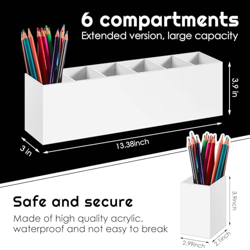 Image of Jetec Acrylic Pen Holder 6 Compartments Makeup Brush Stationery Organizer Pencil Holder for Desk Accessories, Cosmetic Brushes, Dorm, Home, Bathroom, Kitchen, Office Supplies(White)