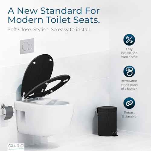 Image of Sanilo Wooden Toilet Seat with Quick Release & Soft Close [ROUND] - Decorative & Slow Close Molded Wood Seat - With One Click for Easy Installation & Cleaning - With Adjustable Fit (Black Wood)