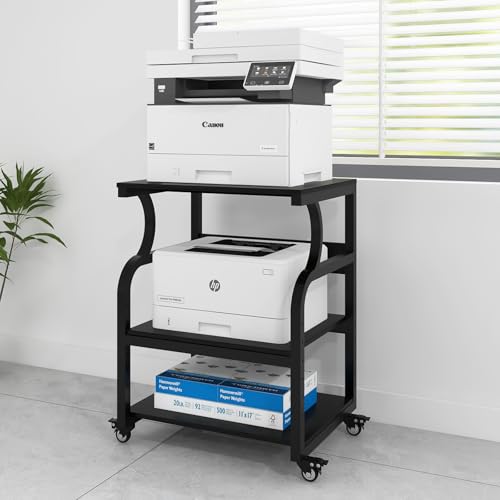 PUNCIA 3-Tier Movable Printer Stand Table with Storage, Large Rolling Cart on Wheels with Adjustable Shelf for Home Office Unit Organization Trolley for Heat Press 3D Printer Copier Machine Black