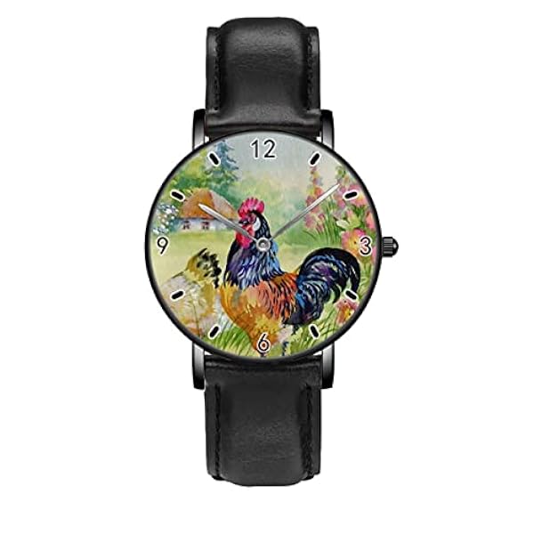 Aquarel Boerderij Vogel Haan Omringd door Bloemen Horloges Persoonlijkheid Business Casual Horloges Mannen Vrouwen Quartz Analoge Horloges, Zwart