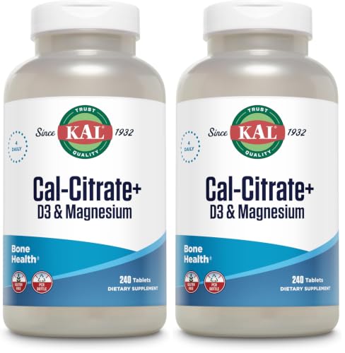 KAL Cal-Citrate+, Calcium Citrate Plus Vitamin D-3 and 500 mg of Magnesium, Healthy Bones and Teeth Support, Gluten Free and Lab Verified for Quality, 60 Servings, 240 Tablets (Pack of 2) 240 Count (Pack of 2)