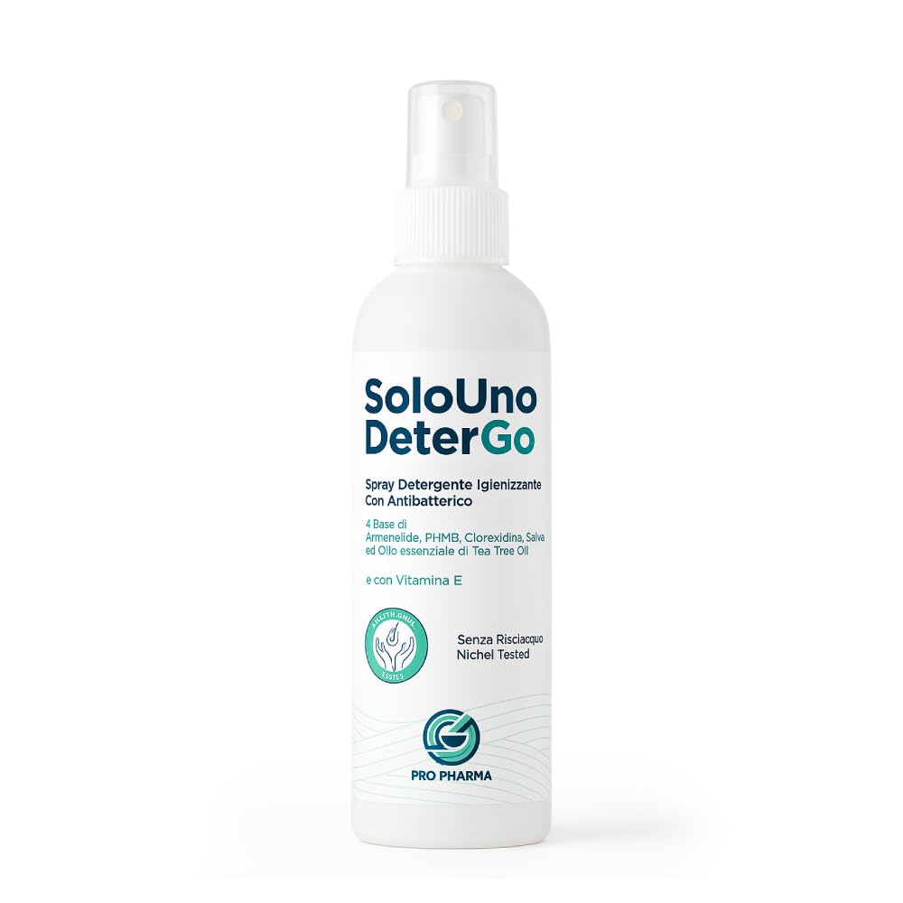 SoloUno DeterGo - Spray detergente igienizzante con Clorexidina, vitamina E, antibatterico, senza risciacquo, per cute e mucose, senza parabeni, flacone da 200 ml
