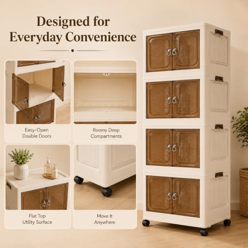 Image of KRISHYAM 4-Layer Plastic Storage Cabinet with 4 Translucent Doors & Caster Wheels, Multipurpose Clothes Organizer for Bedroom, Kids Room, Bathroom & Home, 141 x 67 x 37 cm (Black & White)