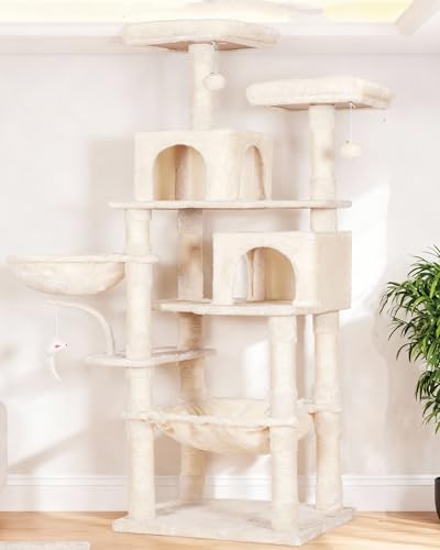 Image of Heybly Cat Tree, 70 inches Tall Cat Tower condo with Toy for Indoor Large Cats, Cat House Furniture with Padded Plush Perch, Cozy Hammock and Sisal Scratching Posts,Beige HCT032M