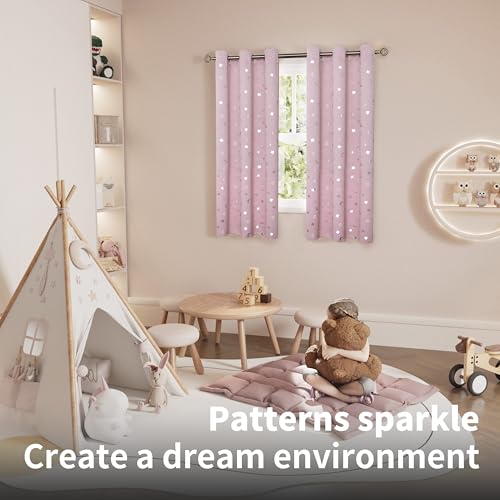 Image of BGment Pink Curtains for Girls Bedroom, Star and Moon Blackout Curtains for Kids Room 63 Inch Long, Thermal Insulated Room Darkening Nursery Window Curtains with Grommet, 2 Panels, 42 Wide, Light Pink