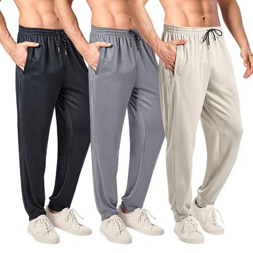 3PC Men's Tapered Sweatpants with Zipper Pockets - Snag-Proof Mesh Jogger Pants, Breathable for...